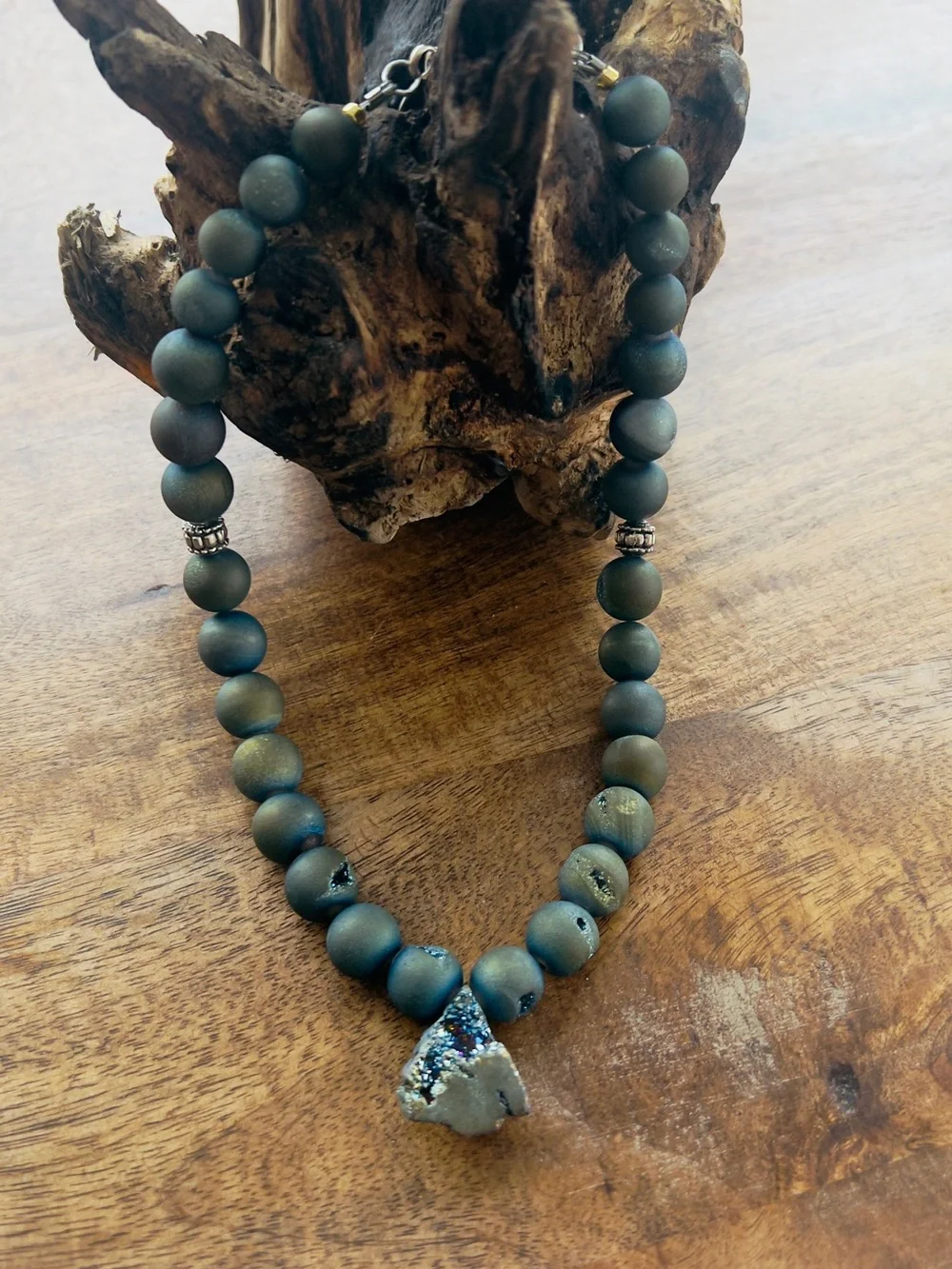 Handmade Matte Green Bead Necklace with Druzy Pendant and druzy beads